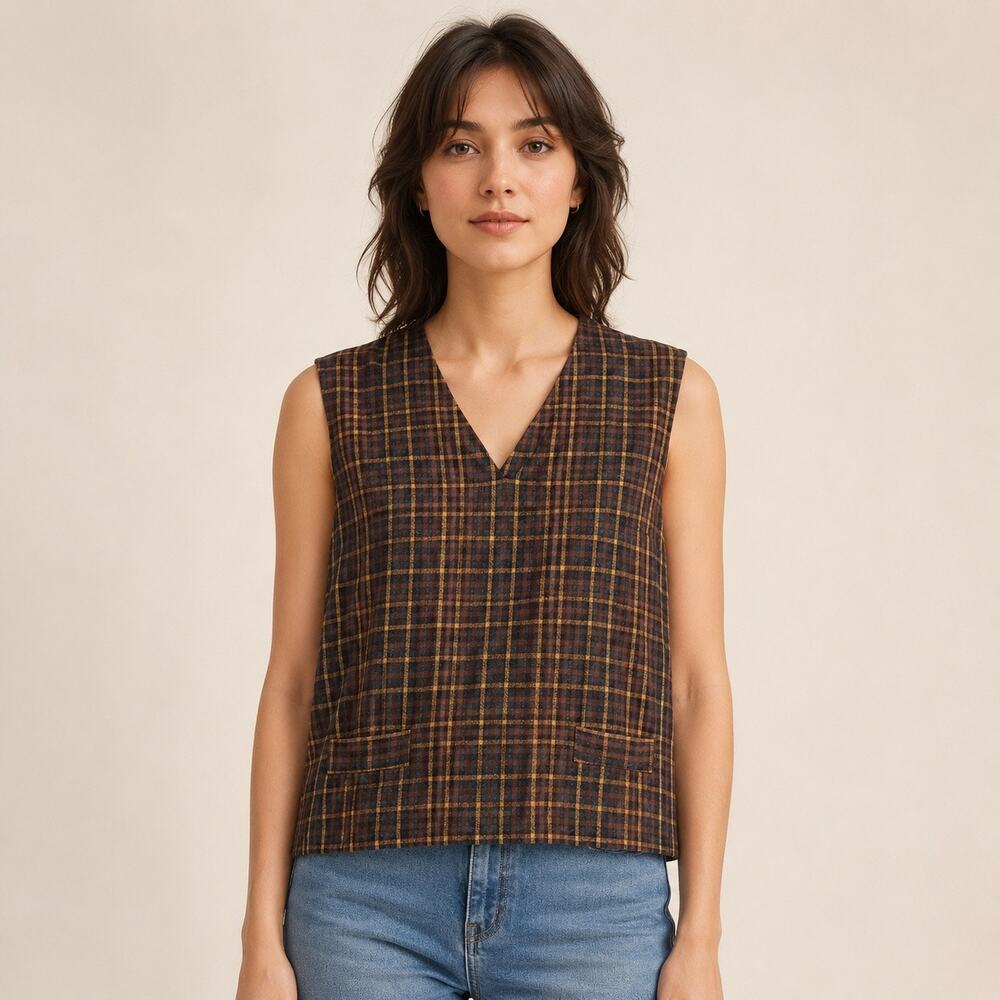 Vintage 1960s Plaid Check Sleeveless Sweater Blouse Top Womens Medium -